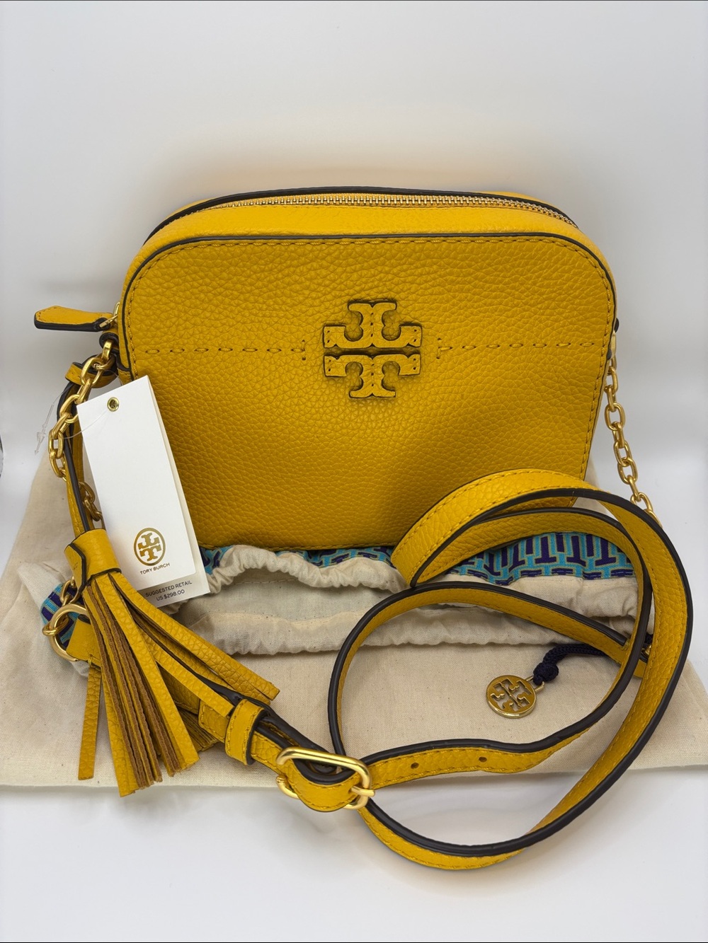 Tory Burch Sunshine Yellow Pebbled Leather Crossbody with Tassel - Picture 1 of 11